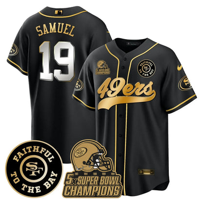 49ers Faithful To The Bay & 5x Champions Patch Baseball Jersey - All Stitched