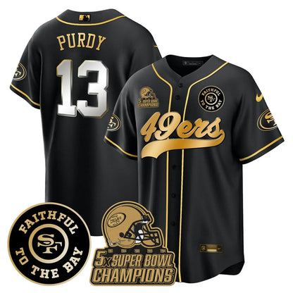 49ers Faithful To The Bay & 5x Champions Patch Baseball Jersey - All Stitched