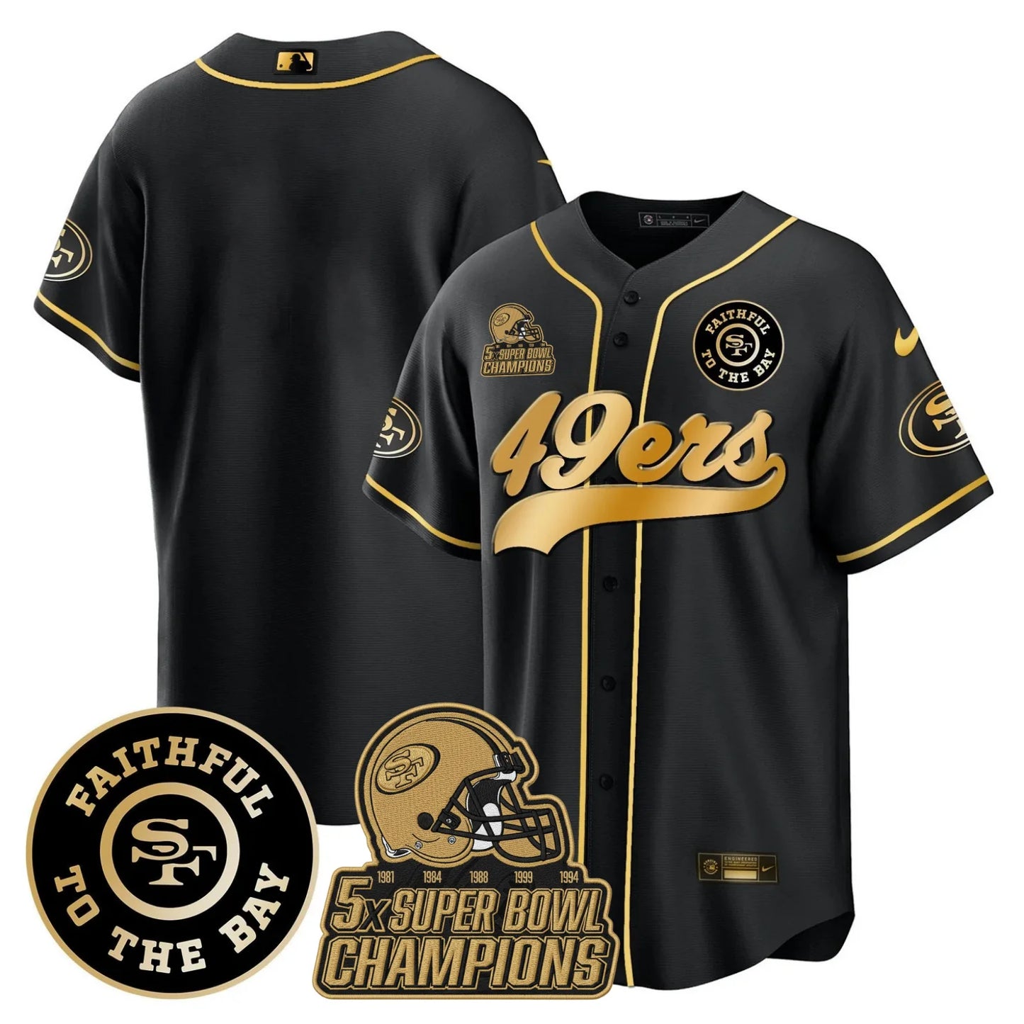49ers Faithful To The Bay & 5x Champions Patch Baseball Jersey - All Stitched