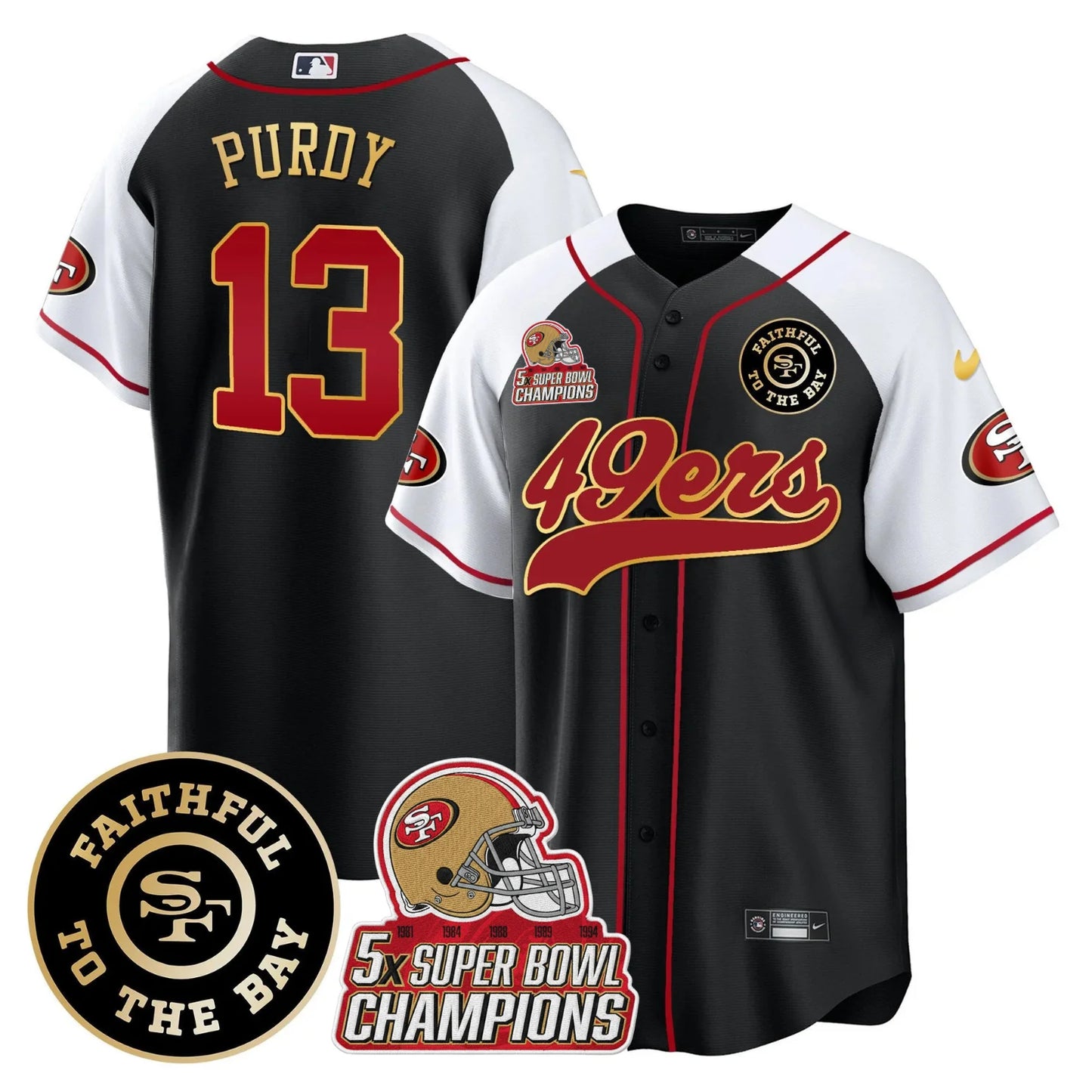 49ers Faithful To The Bay & 5x Champions Patch Baseball Jersey - All Stitched