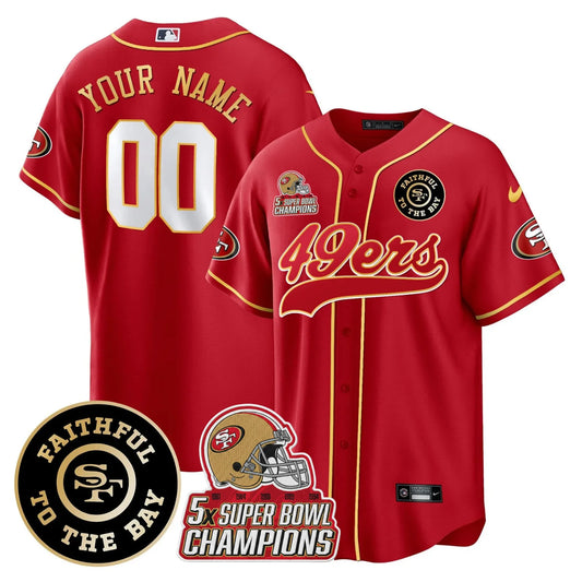 49ers Faithful To The Bay & 5x Champions Patch Baseball Custom Jersey - All Stitched