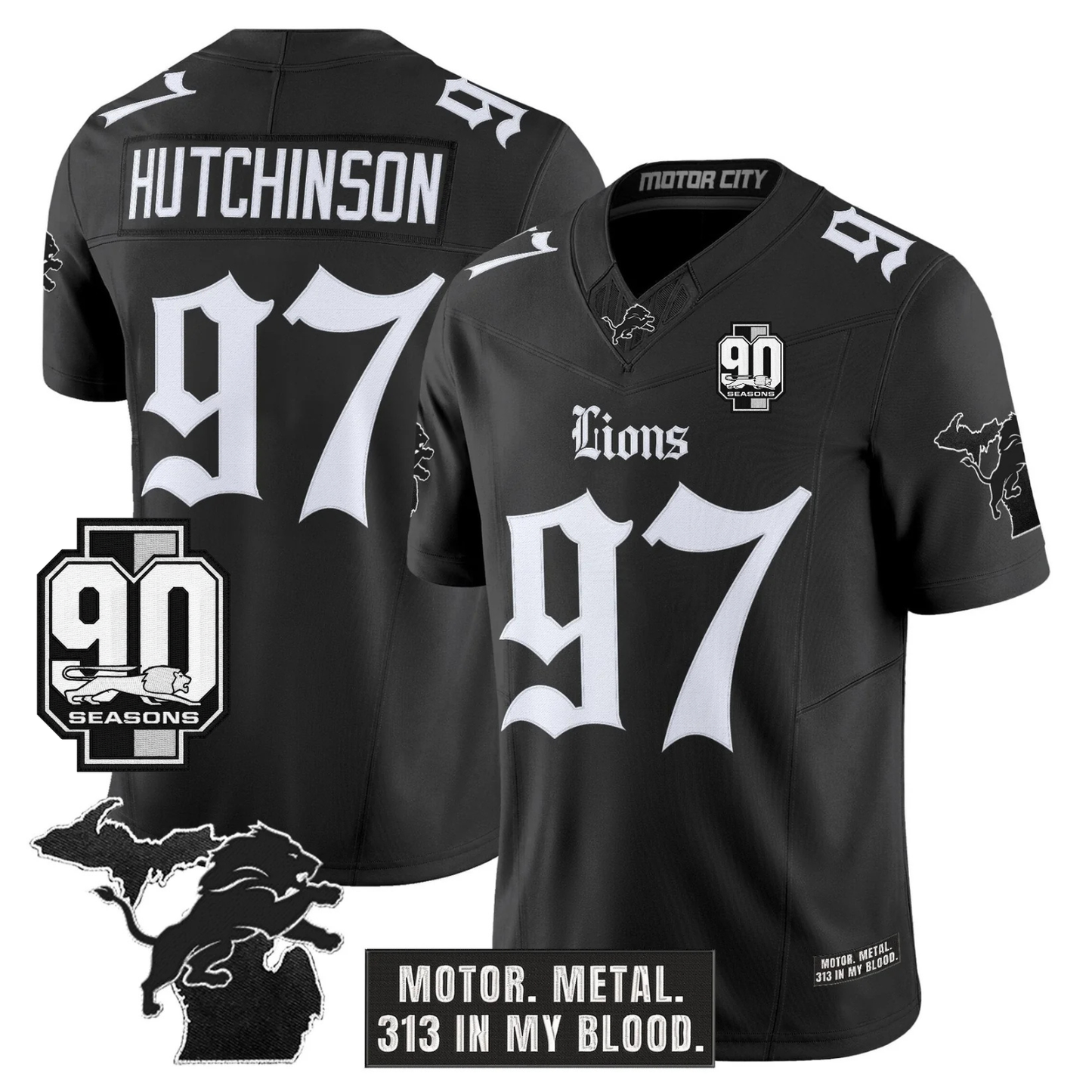 DET 'Gothic Motor Grit Edition' 90th Season Patch Vapor Limited Jersey - All Stitched