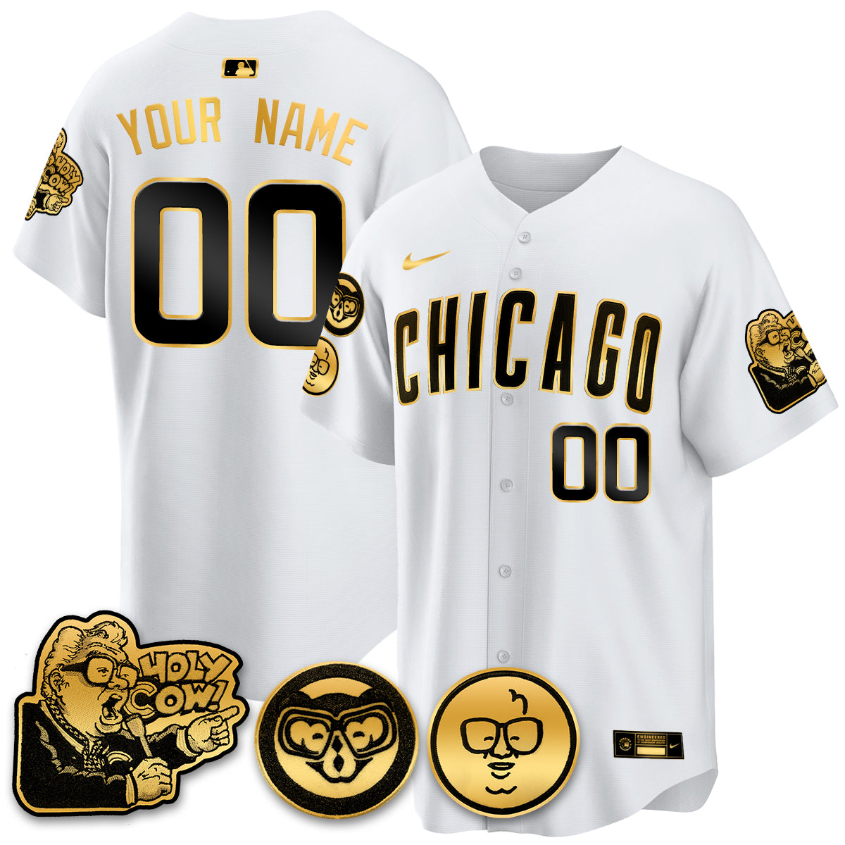 Chicago Cubs Custom Jersey - Harry Caray "Holy Cow" Patch - All Stitched