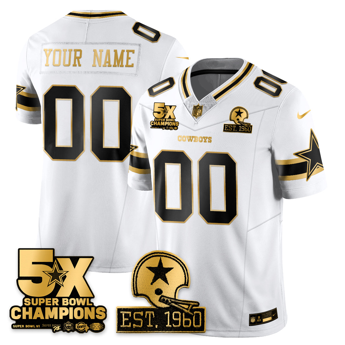 DAL 5-Time Champions Patch Vapor Limited Gold Custom Jersey - All Stitched