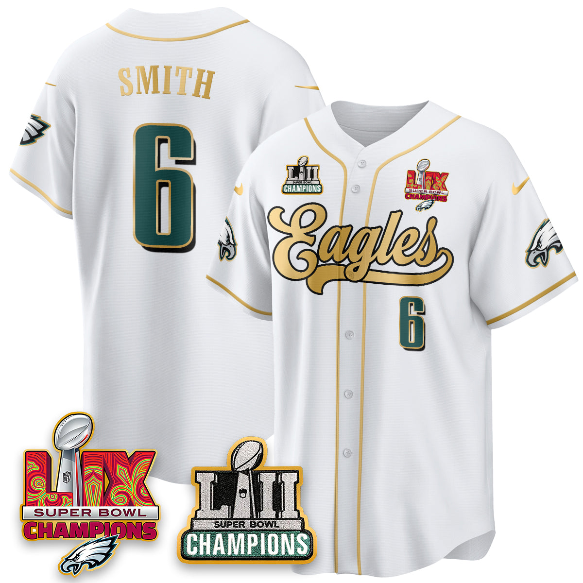 PHI LII-LIX Super Bowl Champions Vapor Limited Gold Baseball Jersey - All Stitched