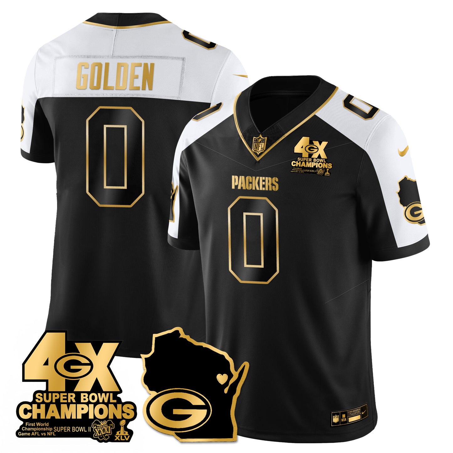 GB 4-Time Champions Patch Vapor Limited Gold Jersey - All Stitched