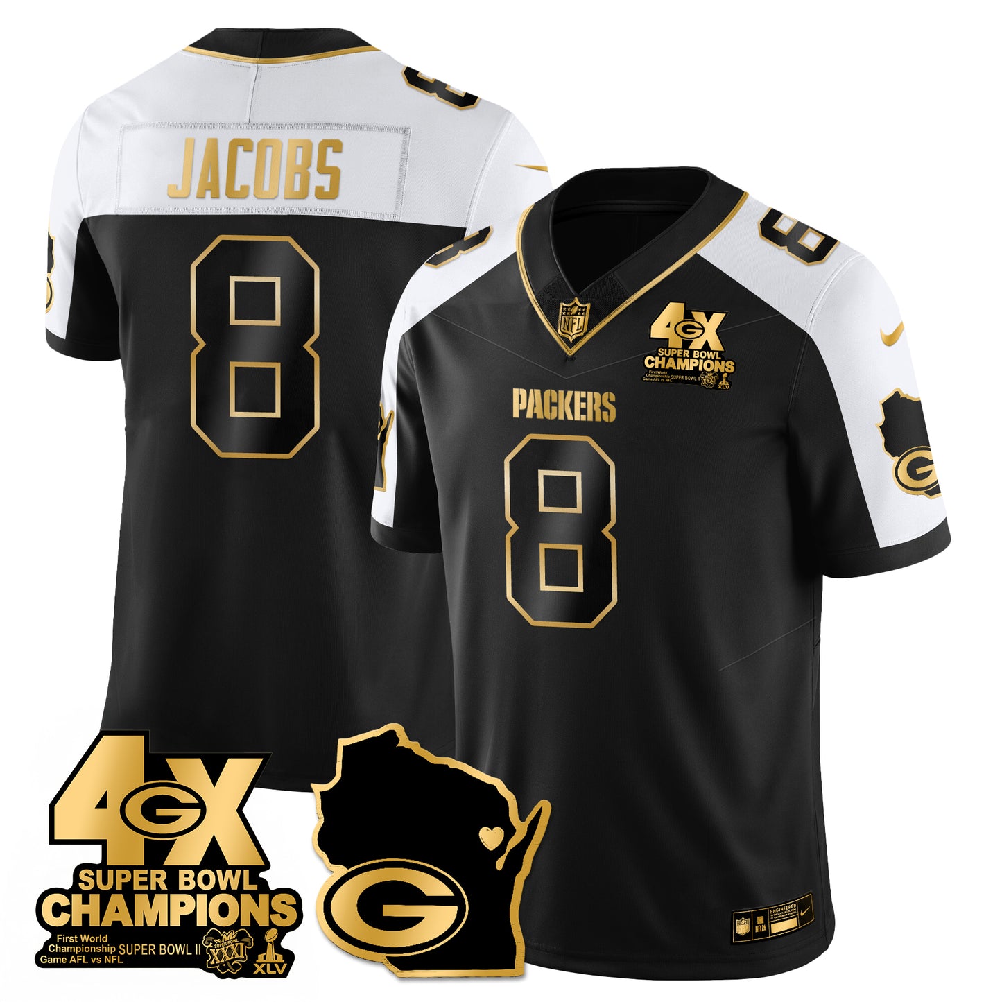 GB 4-Time Champions Patch Vapor Limited Gold Jersey - All Stitched