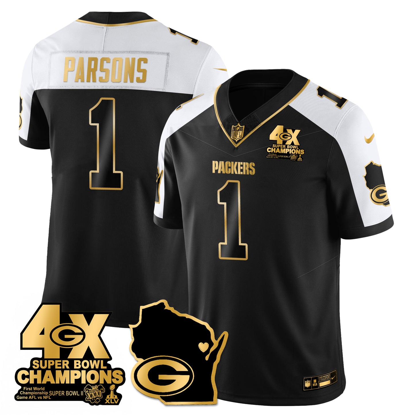 GB 4-Time Champions Patch Vapor Limited Gold Jersey - All Stitched
