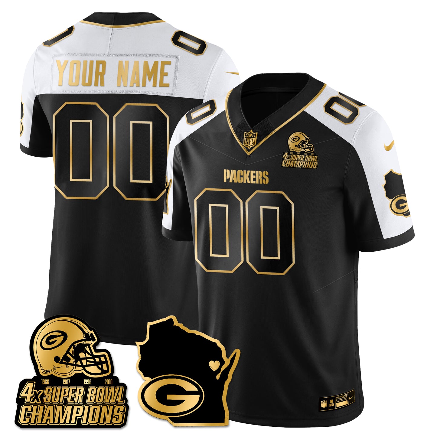 GB 4-Time Champions Patch Vapor Limited Gold Custom Jersey - All Stitched
