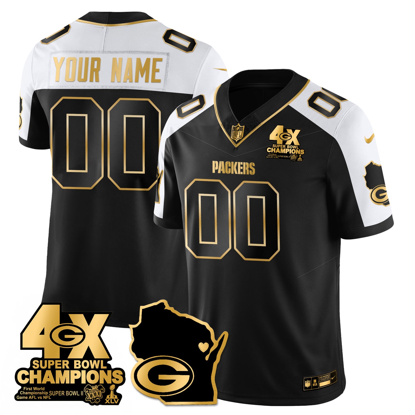 GB 4-Time Champions Patch Vapor Limited Gold Custom Jersey - All Stitched