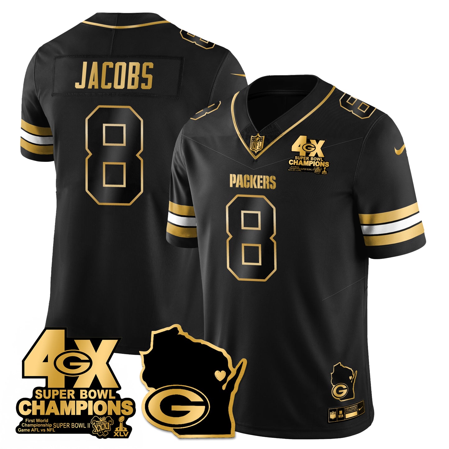 GB 4-Time Champions Patch Vapor Limited Gold Jersey - All Stitched