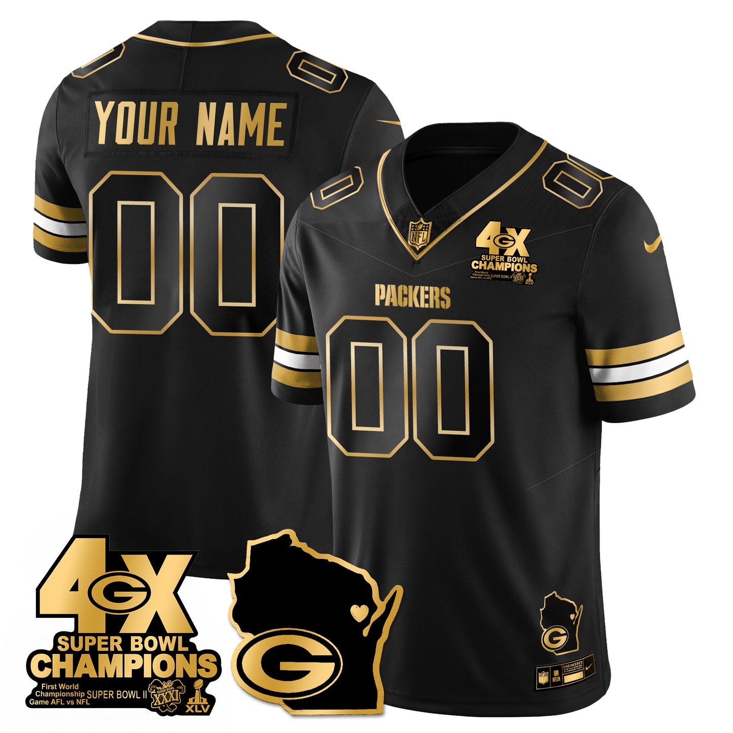 GB 4-Time Champions Patch Vapor Limited Gold Custom Jersey - All Stitched