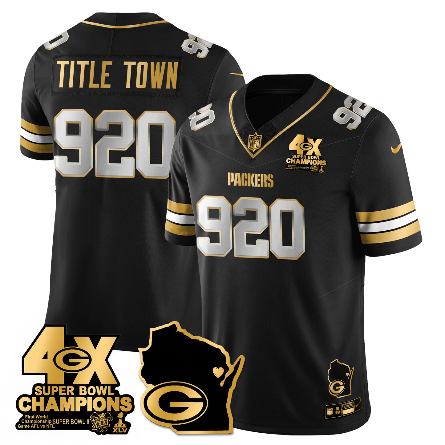 GB 4-Time Champions Patch Vapor Limited Gold Jersey - All Stitched