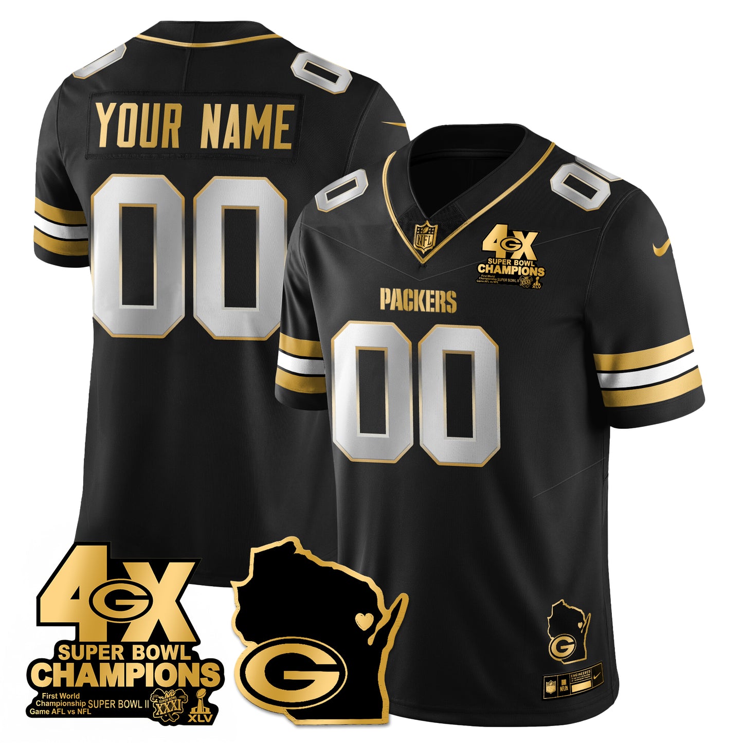 GB 4-Time Champions Patch Vapor Limited Gold Jersey - All Stitched