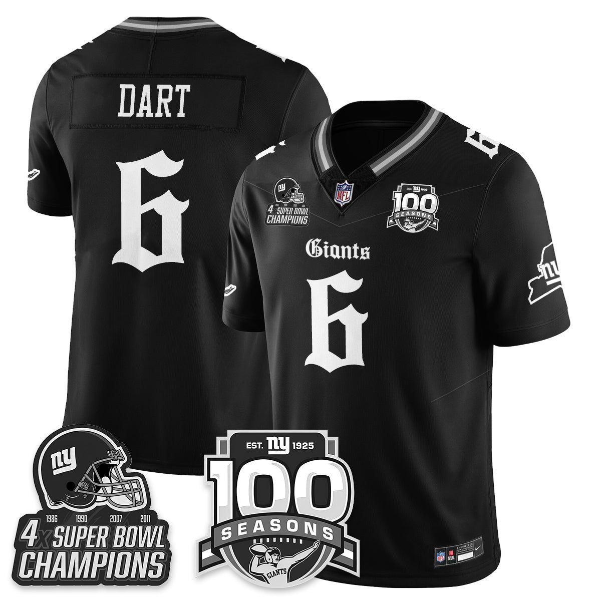 NYG 4-Time Champions Gothic Vapor Limited Jersey - 100th Seasons - All Stitched