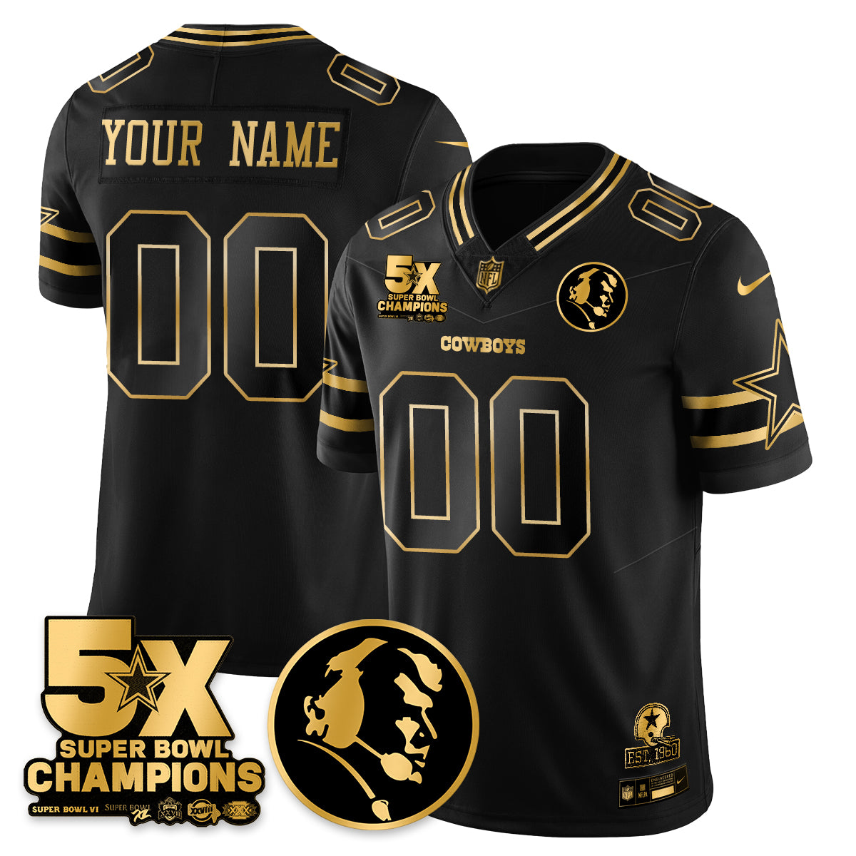 DAL 5-Time Champions Vapor Limited Gold Custom Jersey - John Madden Patch - All Stitched