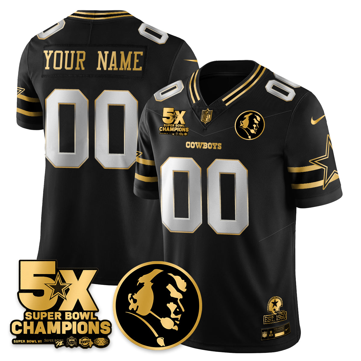 DAL 5-Time Champions Vapor Limited Gold Custom Jersey - John Madden Patch - All Stitched