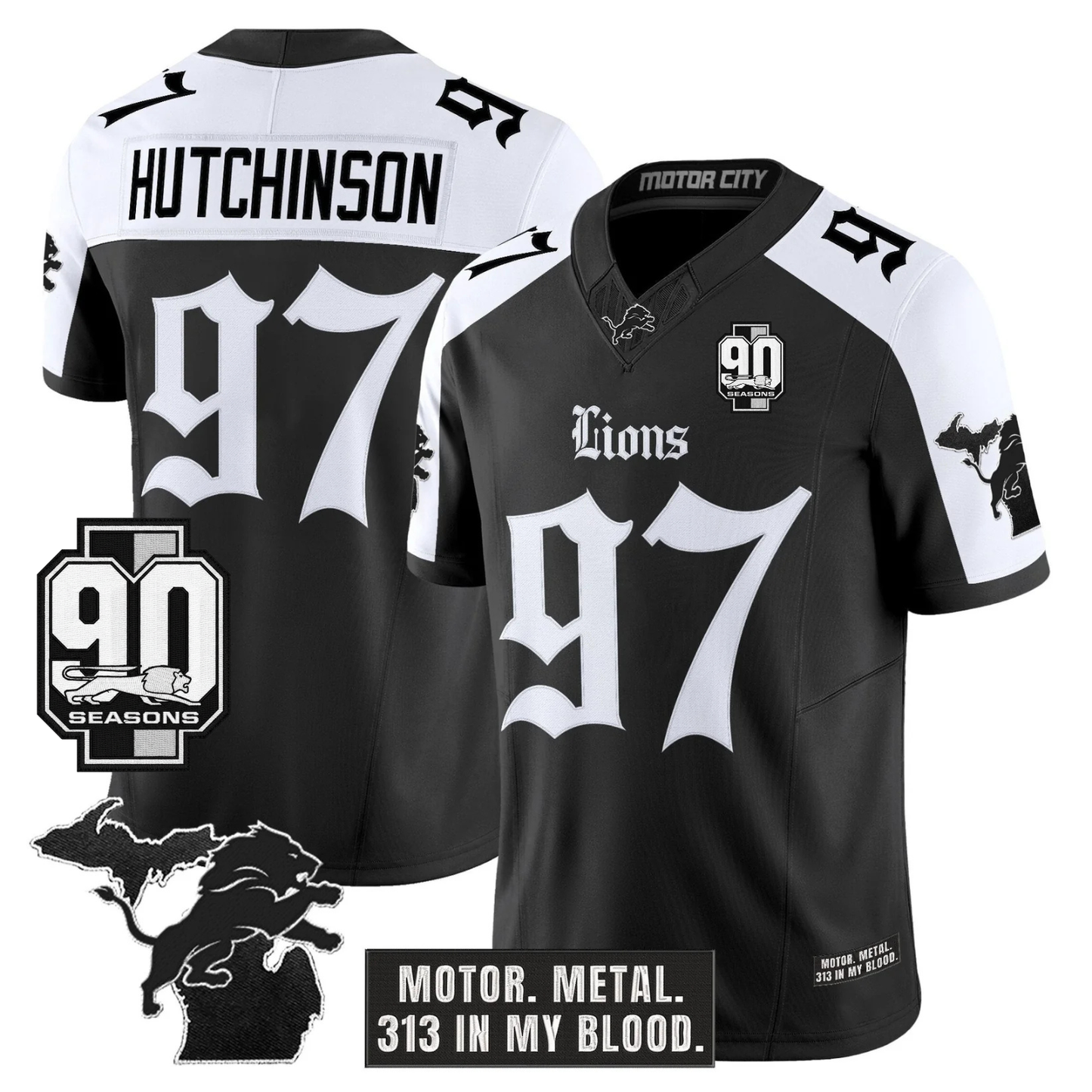 DET 'Gothic Motor Grit Edition' 90th Season Patch Vapor Limited Jersey - All Stitched