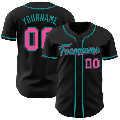 Custom Black Pink-Teal Authentic Baseball Jersey