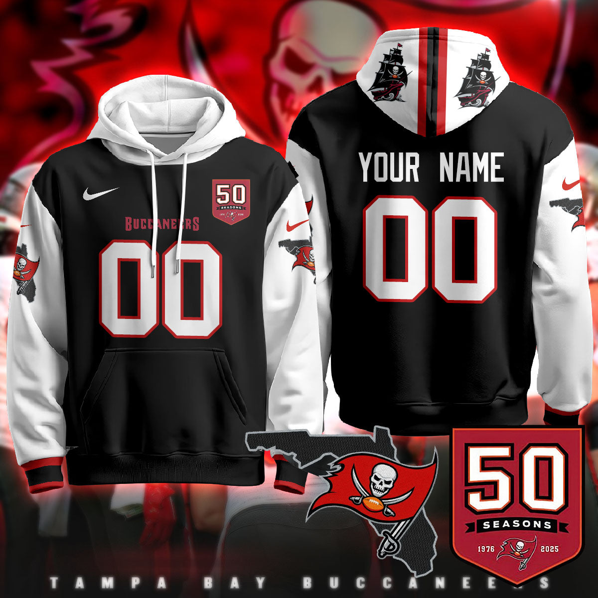 Tampa Bay Buccaneers Creamsicle Custom Hoodie - 50th Season Patch - All Stitched