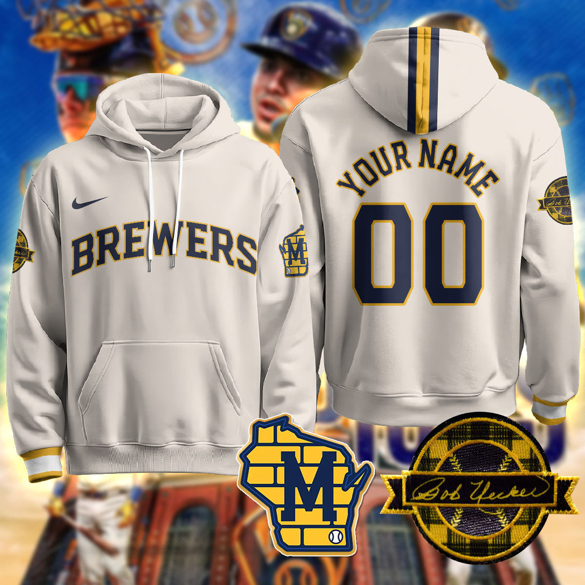 Milwaukee Brewers 2025 Custom Hoodie - Bob Uecker Patch - All Stitched