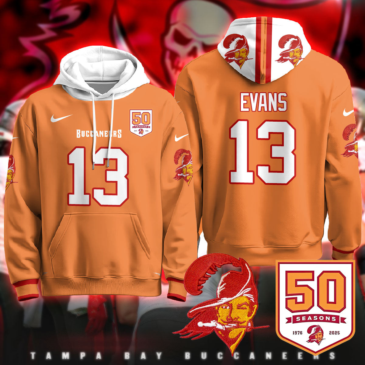 Tampa Bay Buccaneers Creamsicle Throwback Hoodie - 50th Season Patch - All Stitched