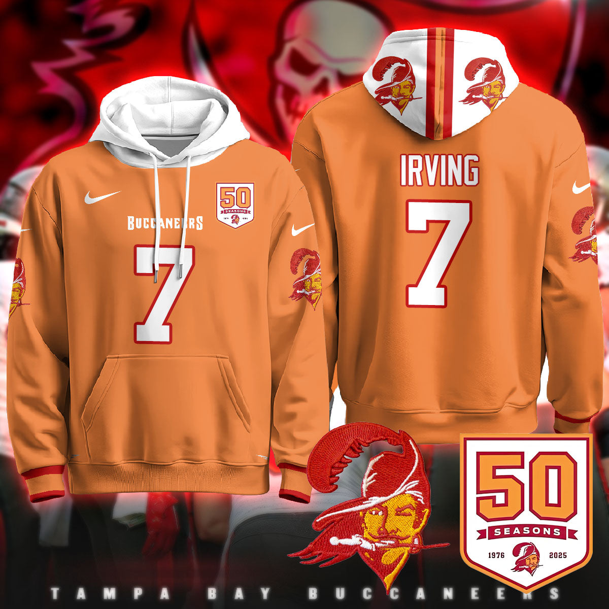 Tampa Bay Buccaneers Creamsicle Throwback Hoodie - 50th Season Patch - All Stitched
