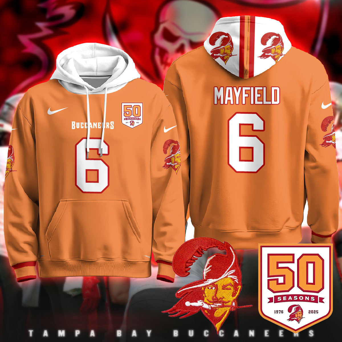 Tampa Bay Buccaneers Creamsicle Throwback Hoodie - 50th Season Patch - All Stitched