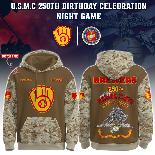 Milwaukee Brewers U.S.M.C 250th Birthday Pullover Hoodie - Printed