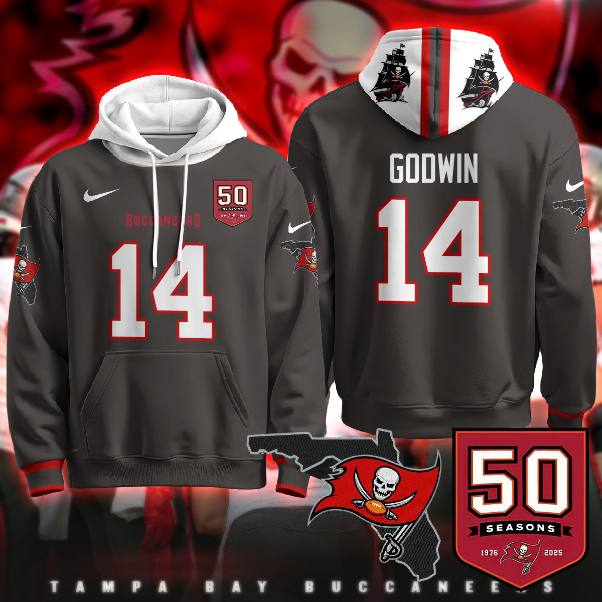 Tampa Bay Buccaneers Creamsicle Throwback Hoodie - 50th Season Patch - All Stitched