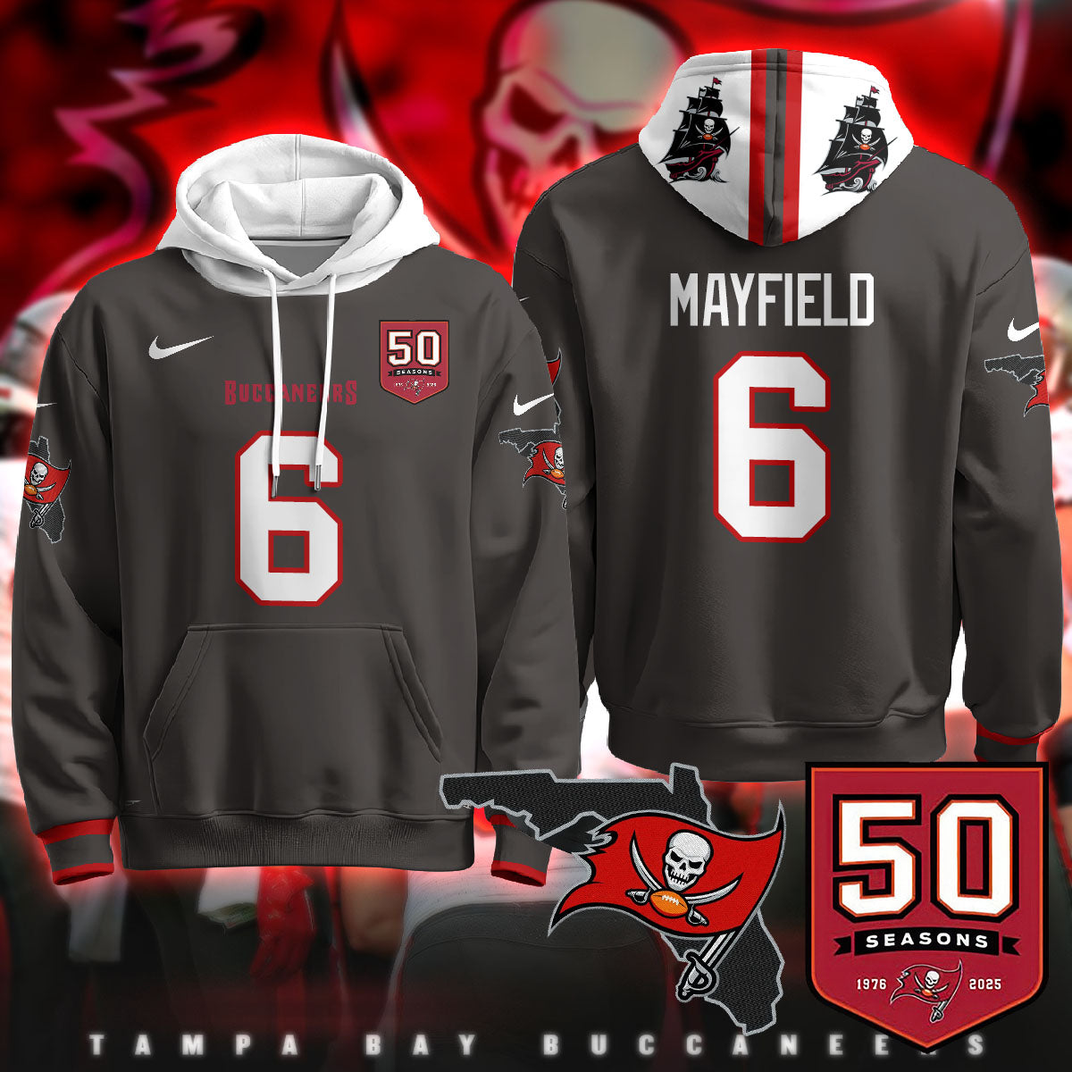 Tampa Bay Buccaneers Creamsicle Throwback Hoodie - 50th Season Patch - All Stitched