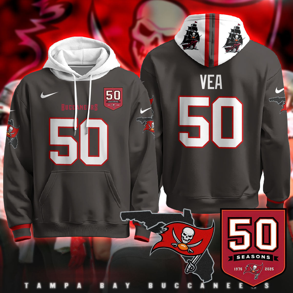 Tampa Bay Buccaneers Creamsicle Throwback Hoodie - 50th Season Patch - All Stitched