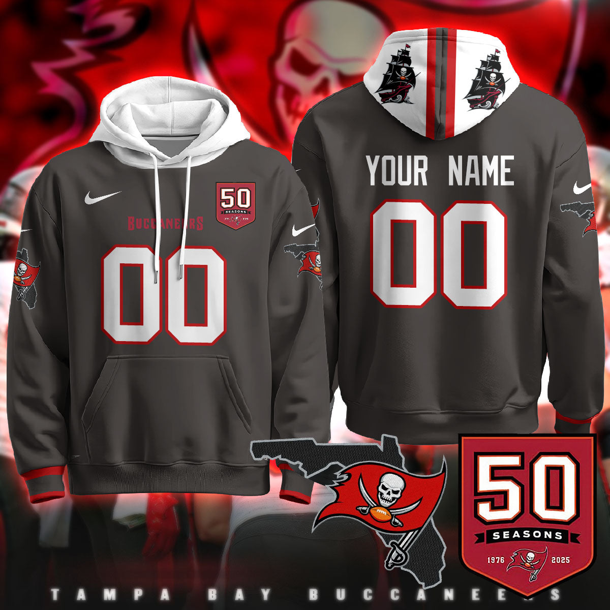Tampa Bay Buccaneers Creamsicle Custom Hoodie - 50th Season Patch - All Stitched