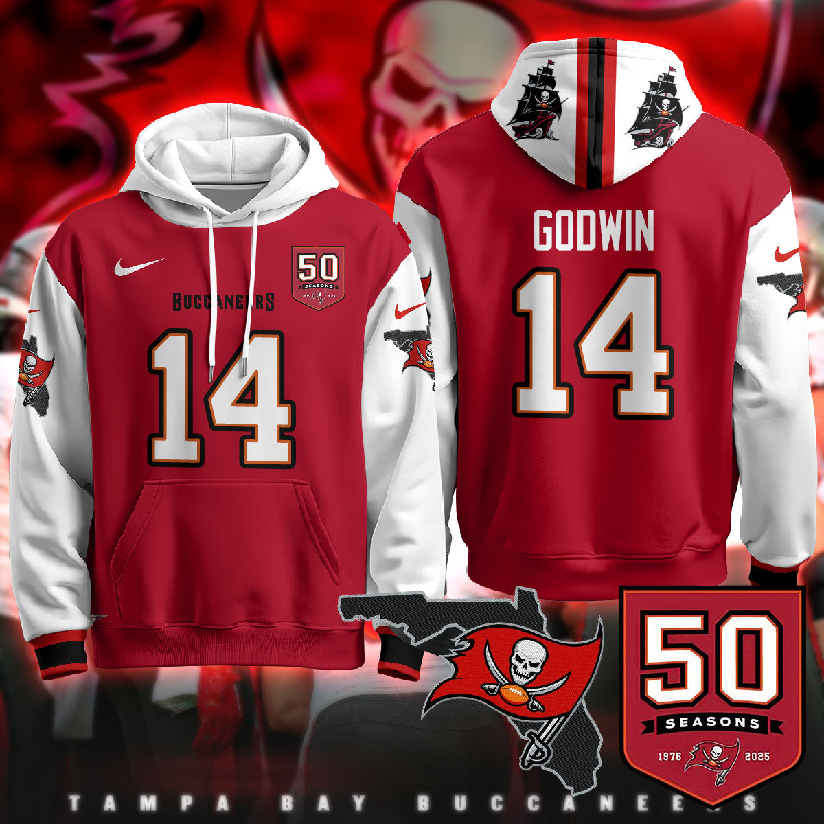 Tampa Bay Buccaneers Creamsicle Throwback Hoodie - 50th Season Patch - All Stitched