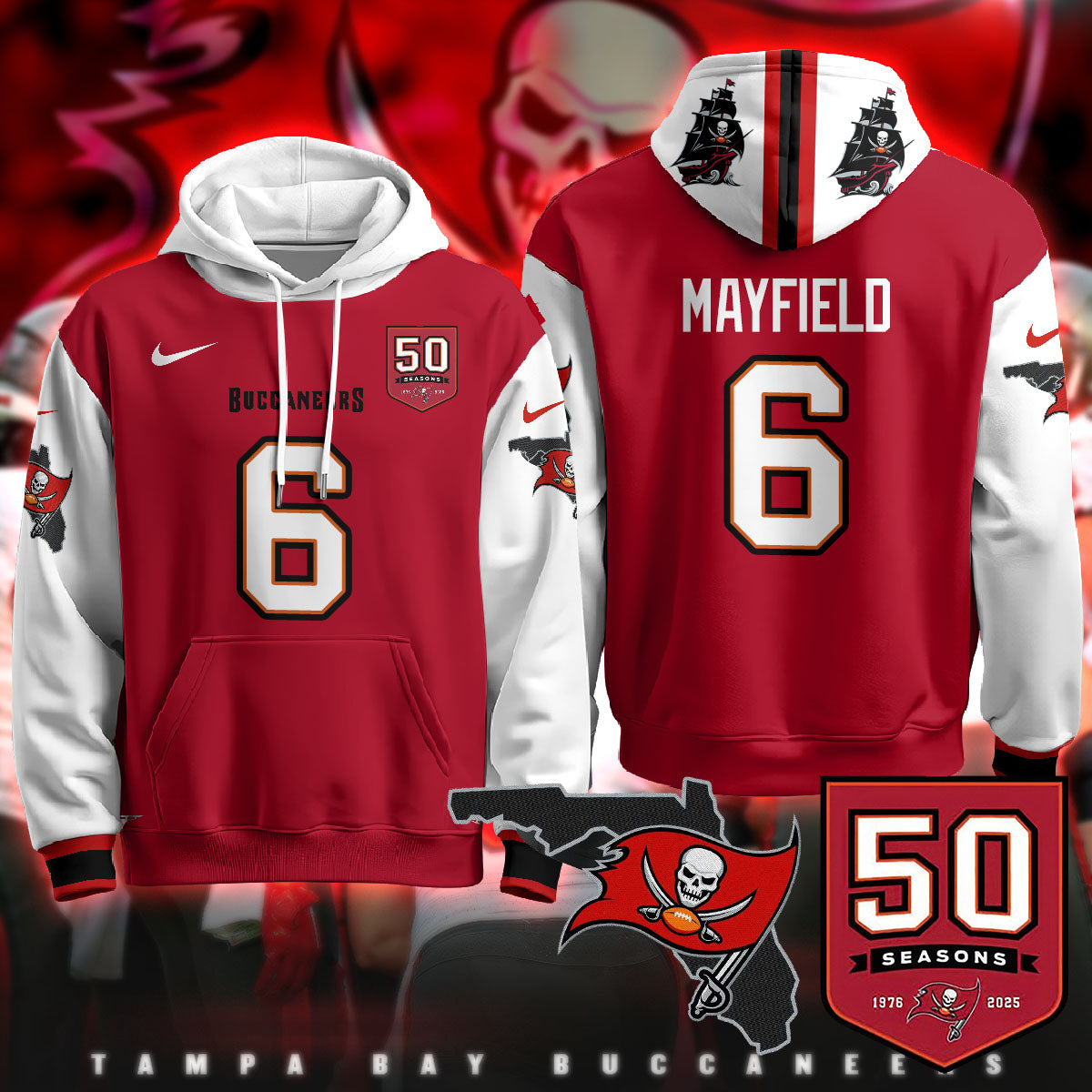 Tampa Bay Buccaneers Creamsicle Throwback Hoodie - 50th Season Patch - All Stitched