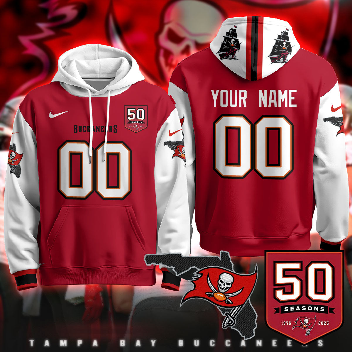 Tampa Bay Buccaneers Creamsicle Custom Hoodie - 50th Season Patch - All Stitched