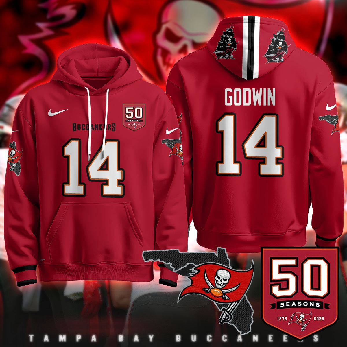 Tampa Bay Buccaneers Creamsicle Throwback Hoodie - 50th Season Patch - All Stitched