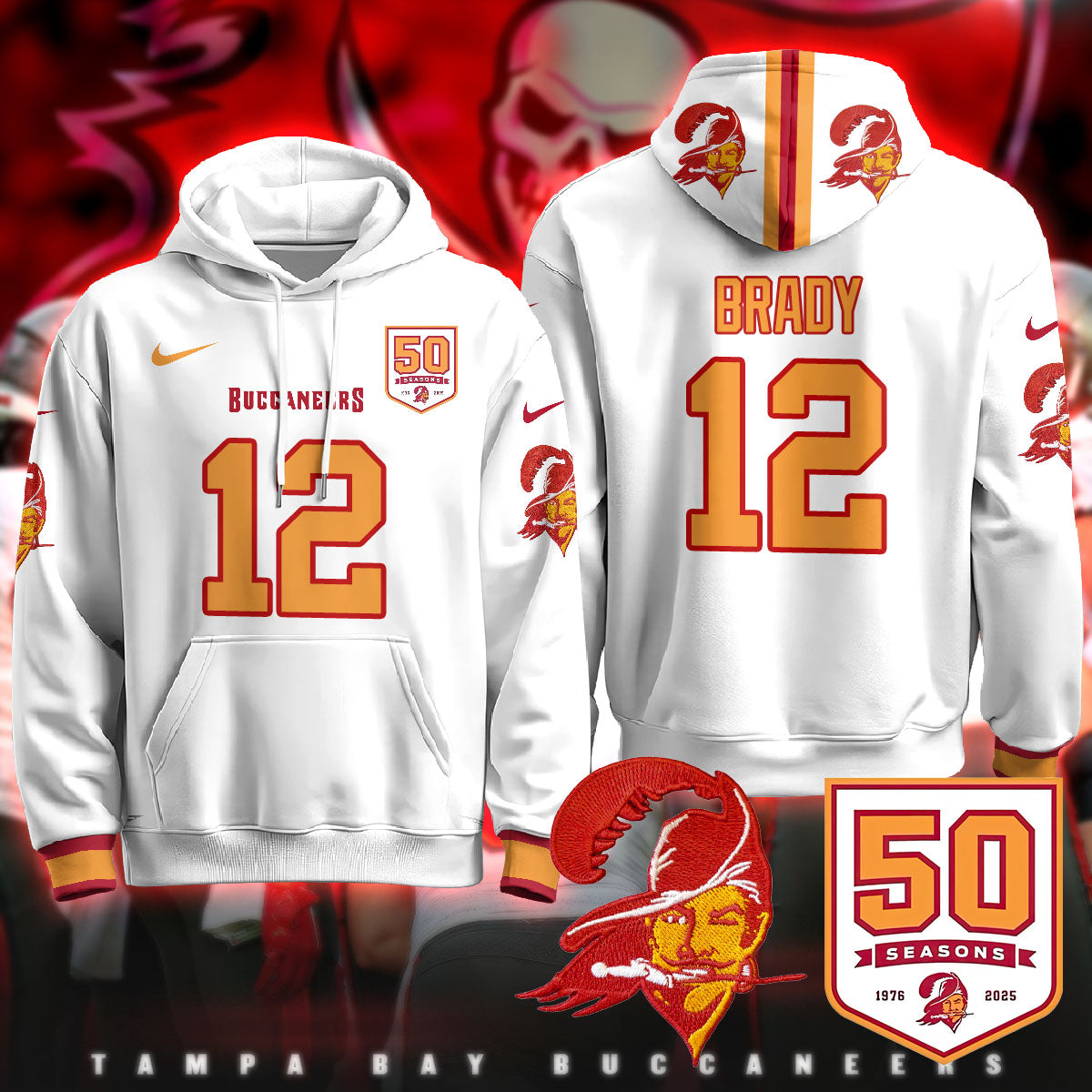 Tampa Bay Buccaneers Creamsicle Throwback Hoodie - 50th Season Patch - All Stitched