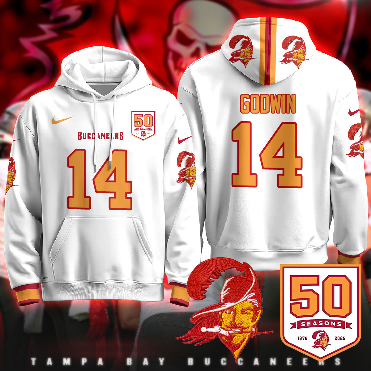 Tampa Bay Buccaneers Creamsicle Throwback Hoodie - 50th Season Patch - All Stitched