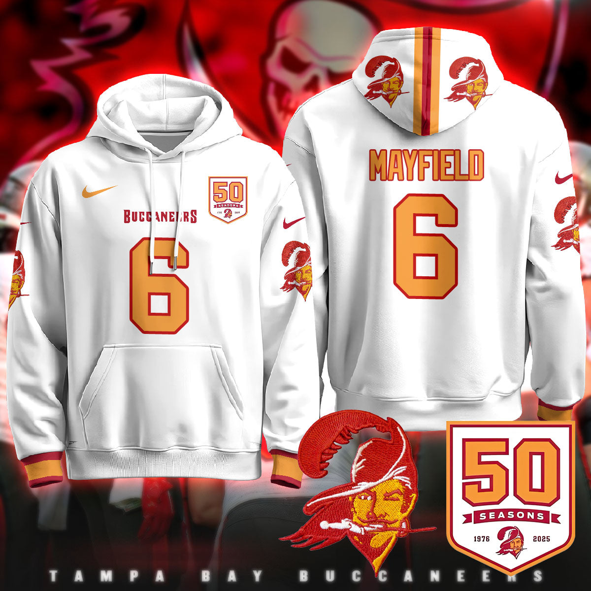Tampa Bay Buccaneers Creamsicle Throwback Hoodie - 50th Season Patch - All Stitched
