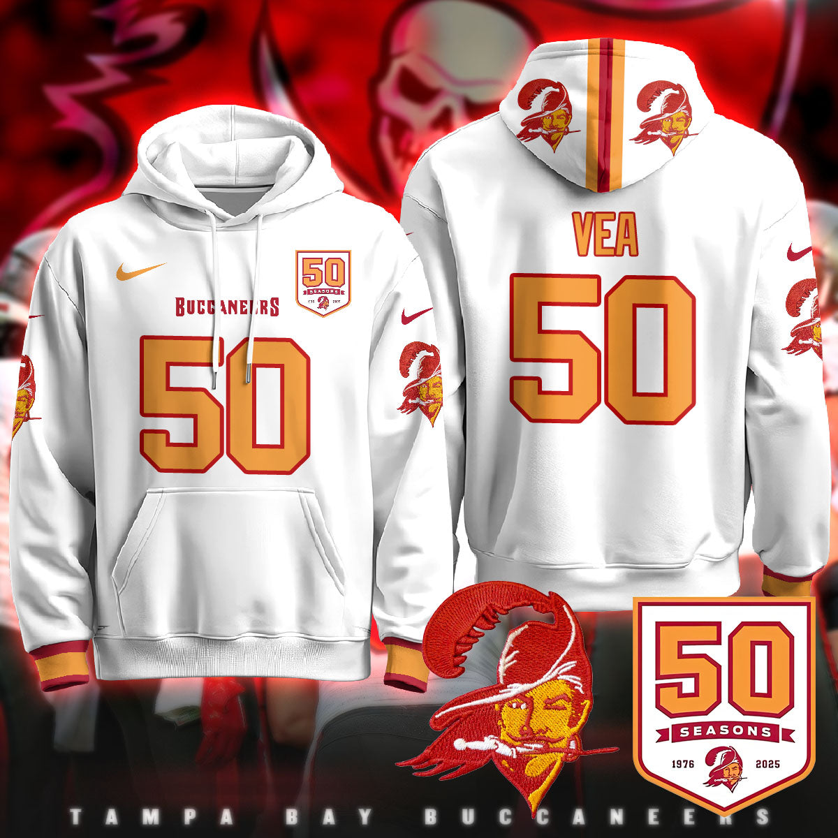 Tampa Bay Buccaneers Creamsicle Throwback Hoodie - 50th Season Patch - All Stitched