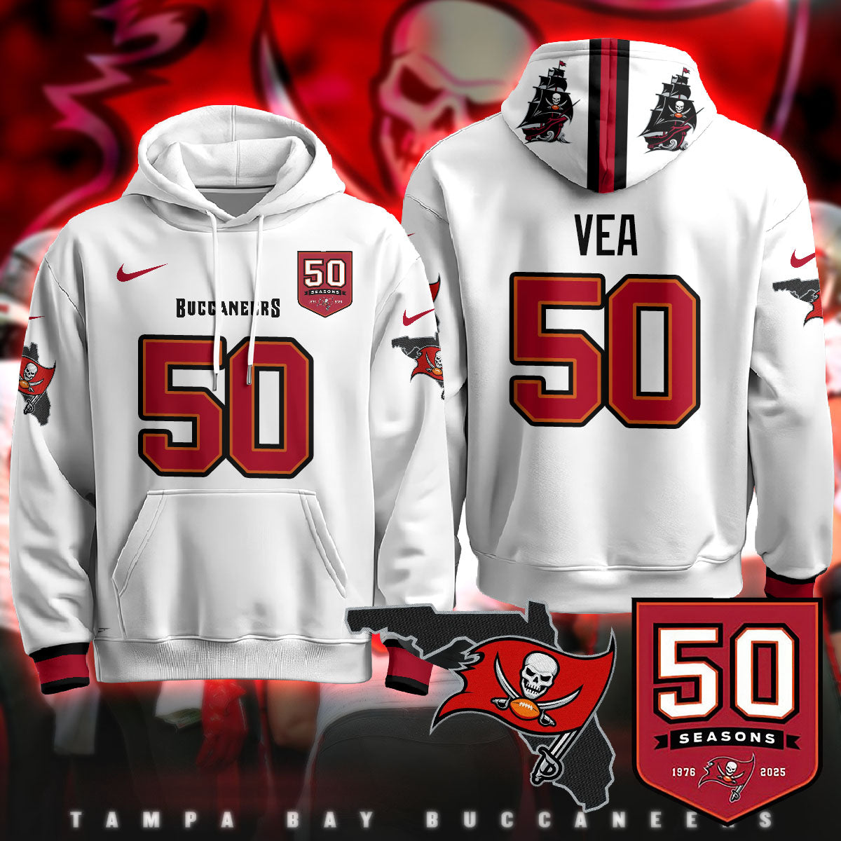 Tampa Bay Buccaneers Creamsicle Throwback Hoodie - 50th Season Patch - All Stitched