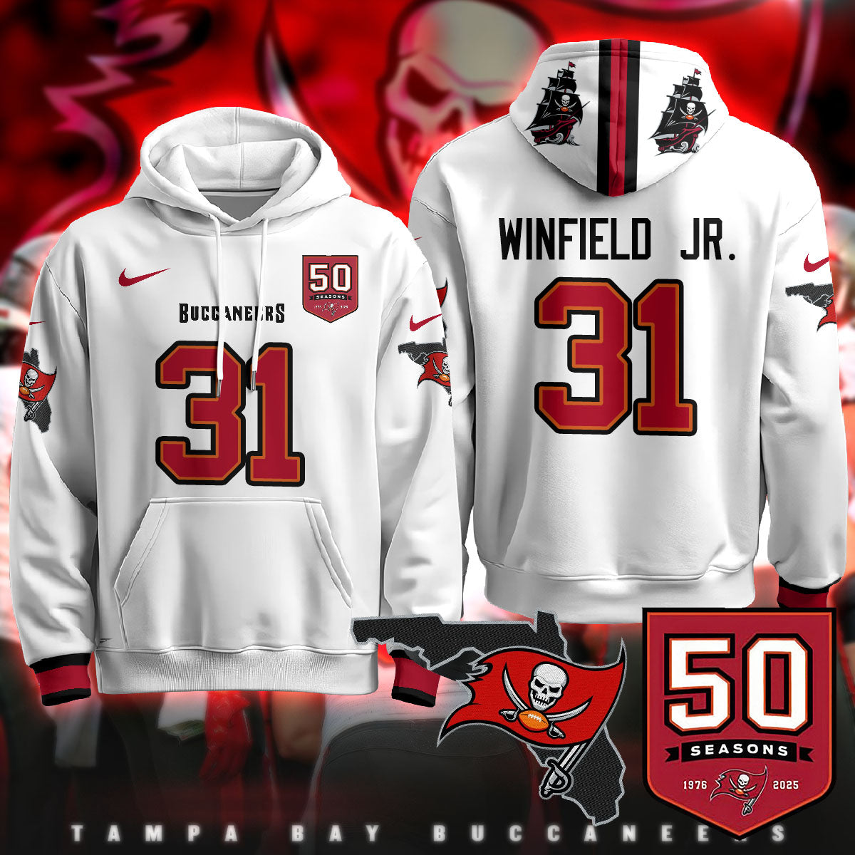 Tampa Bay Buccaneers Creamsicle Throwback Hoodie - 50th Season Patch - All Stitched