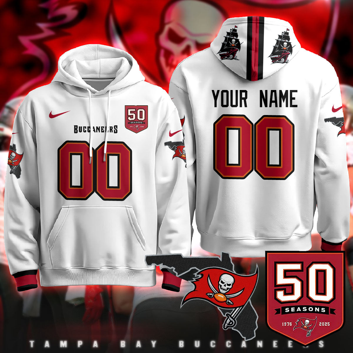 Tampa Bay Buccaneers Creamsicle Custom Hoodie - 50th Season Patch - All Stitched