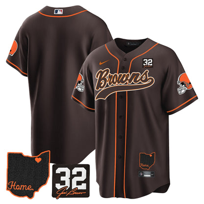 Men's Browns #32 Jim Brown Memorial & Home Patch Baseball Jersey V2 - All Stitched