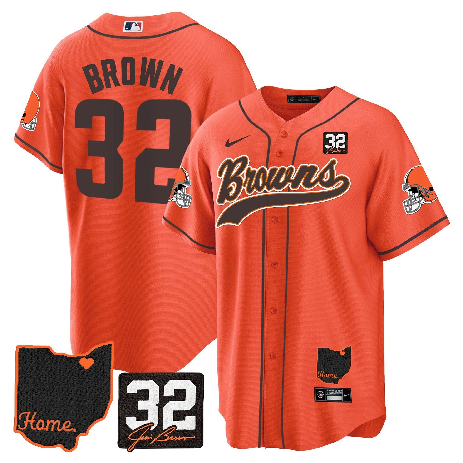 Men's Browns #32 Jim Brown Memorial & Home Patch Baseball Jersey V2 - All Stitched