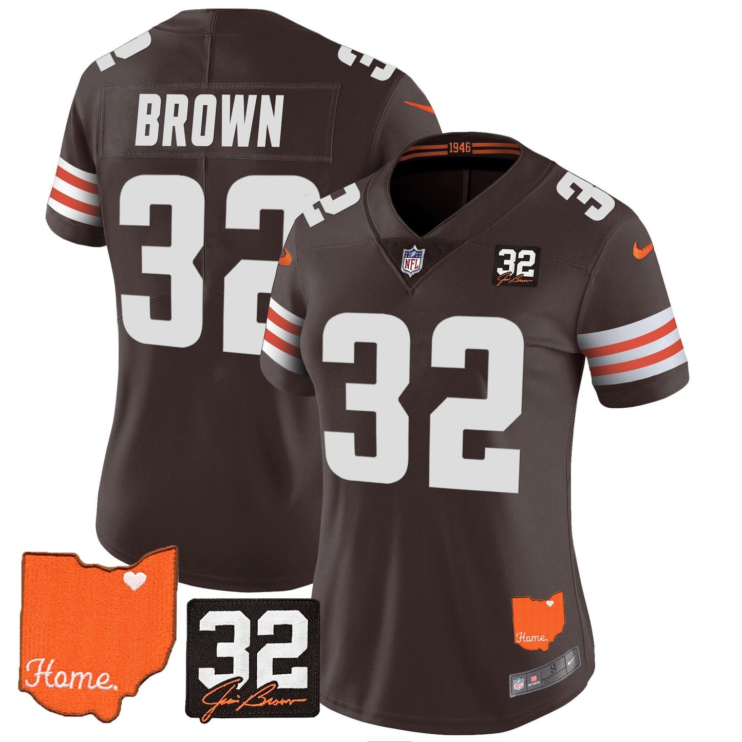 Women's Browns #32 Jim Brown Memorial & Home Patch Vapor Limited Jersey - All Stitched