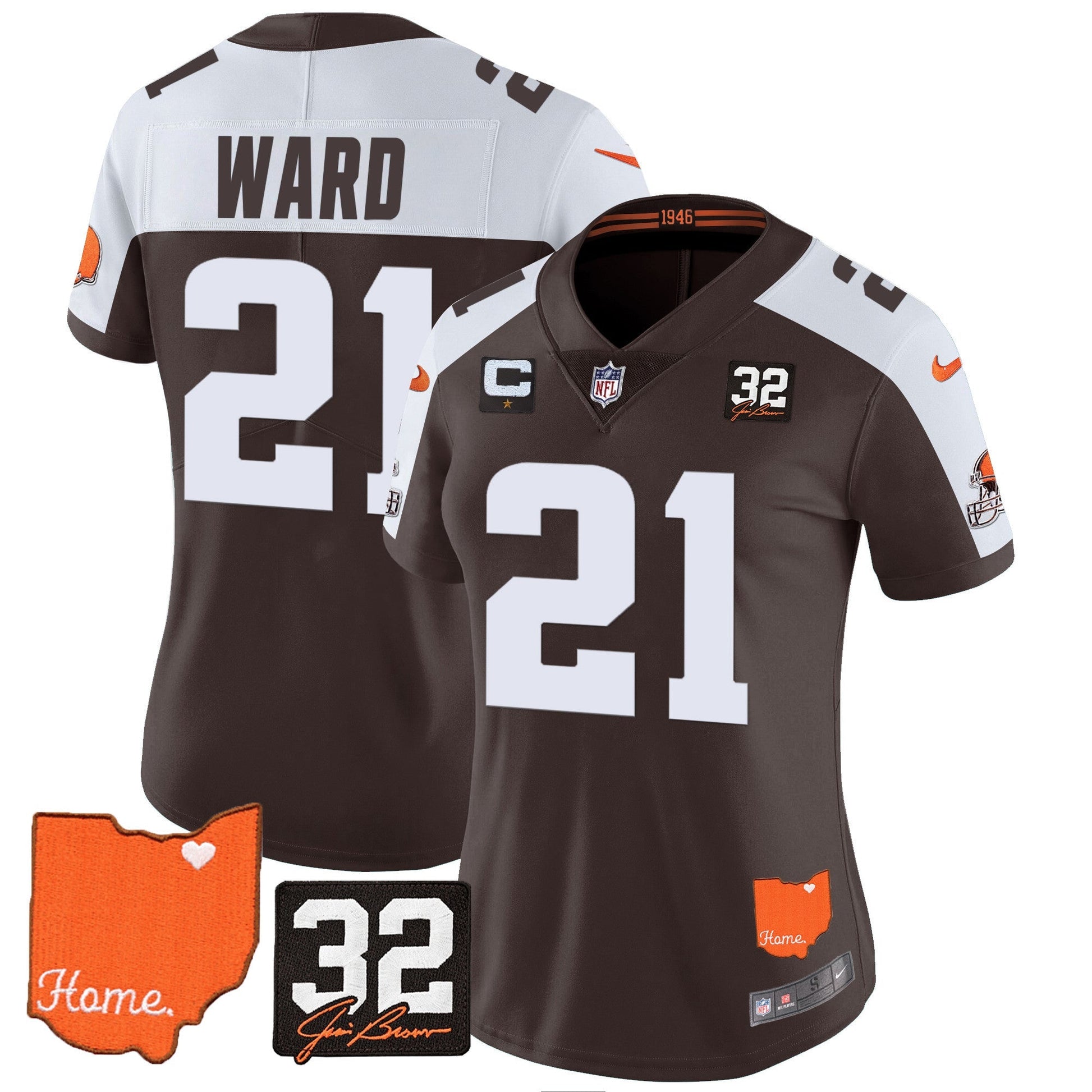 Women's Browns #32 Jim Brown Memorial & Home Patch Vapor Limited Jersey - All Stitched