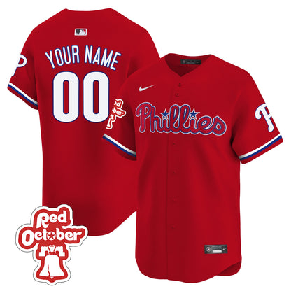 Phillies Red Octorber Patch Vapor Premier Limited Custom Jersey - All Stitched
