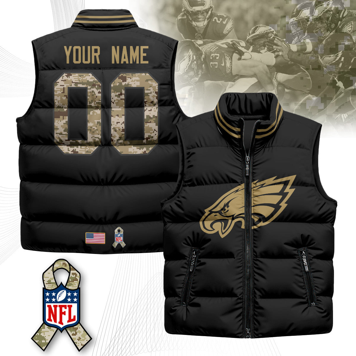 Custom Philadelphia Eagles Salute To Service Puffer Vest